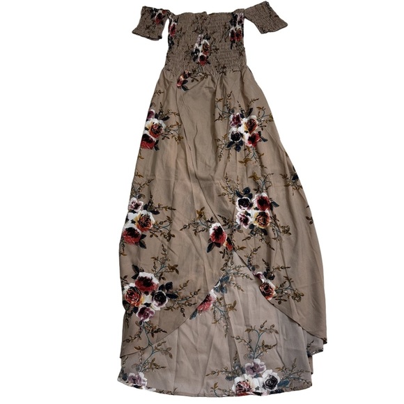 Floral On Off-Shoulder Boho Chiffon Maxi Dress Size S Tan Slit Split Front NWOT - Picture 4 of 12